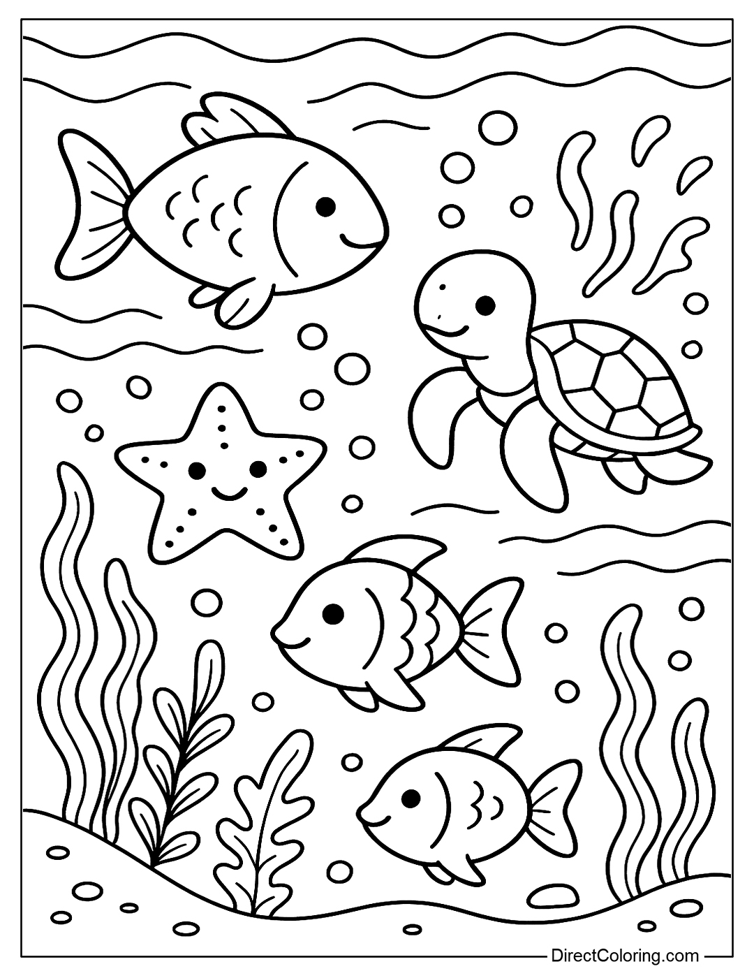 coloring page Sea creatures like fish, turtles and starfish are swimming under the ocean